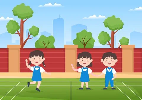 Students Leave School Building After Class or Program and Back to Home in Tem Ilustración de archivo