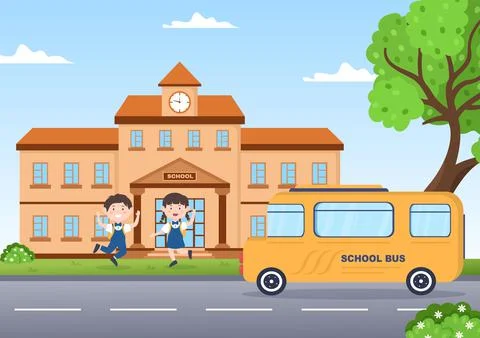 Students Leave School Building After Class or Program and Back to Home in Tem Ilustración de archivo