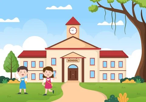 Students Leave School Building After Class or Program and Back to Home in Tem Ilustración de archivo