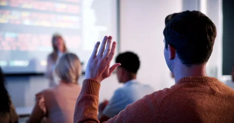 Students, lecture and raised hand in classroom at college, talk and coding Video stock 336302020