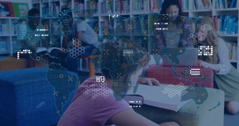 Students in library studying, initiating fading world map evolving into data Stock Footage 316185258