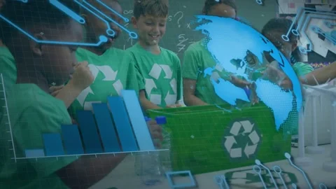 Students lifting bottles above school table sparking blue globe expanding while Video stock 333485840