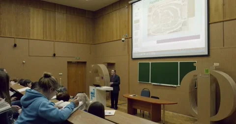 Students listen to a lecture at the Russian Language Institute. Stock Footage 256837031