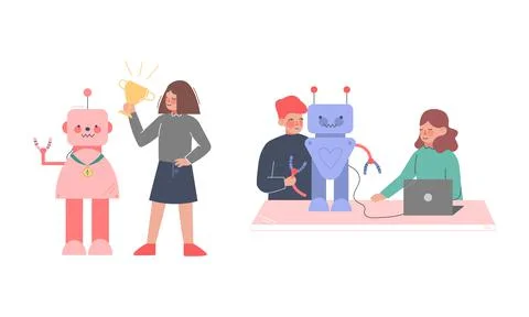 Students making and programming robots set. Robotics for children cartoon vector Stock Illustration