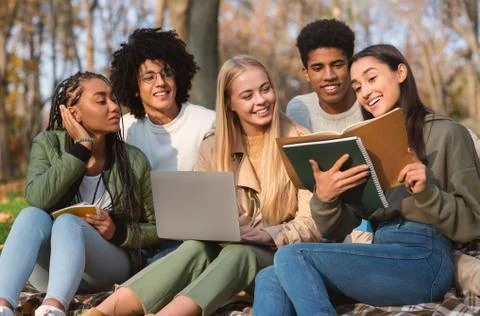 Students making group project, studying together at park Stock Photos
