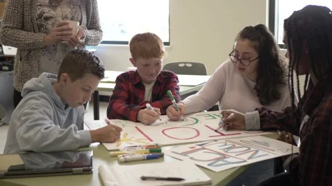 Students making poster in classroom Stockbeeldmateriaal 221035619