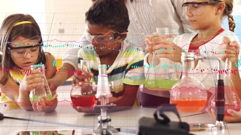 Students mixing flasks after inspection at chemistry bench for lesson, teacher Stock Footage 334372914
