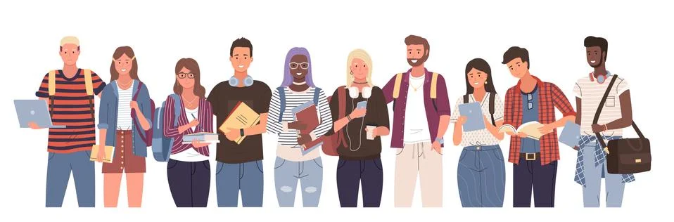 Students of multicultural nationalities with books or laptop, isolated Stock Illustration