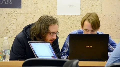 Students near computer during Data Science Hackathon, Kiev, Ukraine. Video stock 71120997