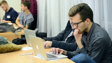 Students near computer during Data Science Hackathon in Kiev, Ukraine. Video stock 71122162