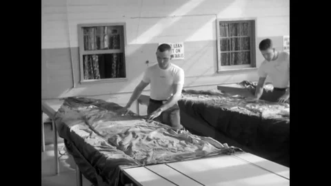 Students at the Parachute Rigger training at Fort Benning, Georgia learn that Stock Footage 79423920