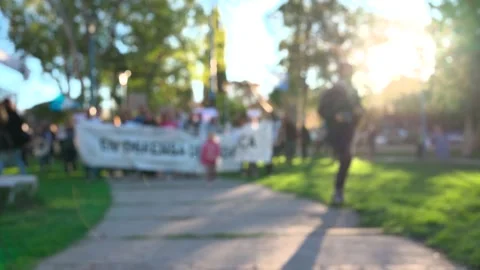 Students in a park march with a large banner in defense of Public Education.. Stock Footage 282721706