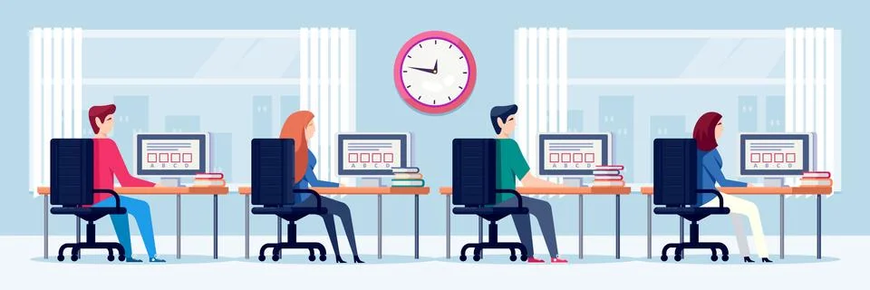 Students pass exam test, vector illustration. Online education and learning c Stock Illustration