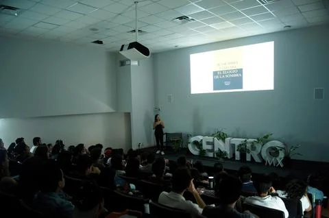 Students paying attention to a lecture given by a woman, projecting about books Stock Photos