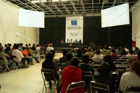 Students paying attention to a lecture given by a woman, projecting about books 스톡 사진
