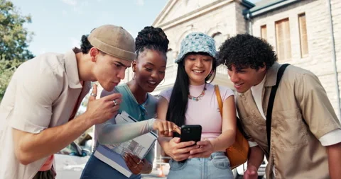 Students, phone and study with friends in college for social media, admission Stock Footage 329376643
