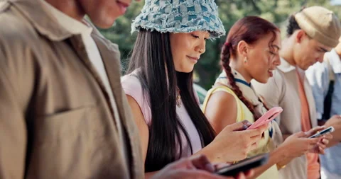Students, phone and typing with friends in college for social media, admission Stock Footage 329360409