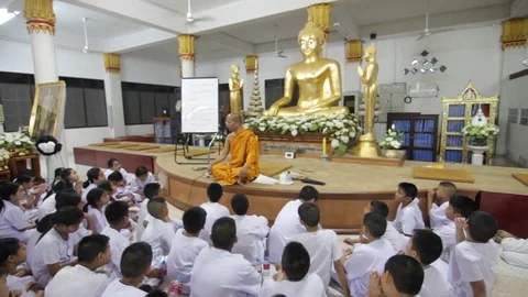 Students of Pieamsuwan school in Buddhist Camp, Students are studying Buddhism Stock Footage 76908679