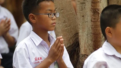 Students of Pieamsuwan school in Buddhist Camp, Students are praying Stock Footage 76908708