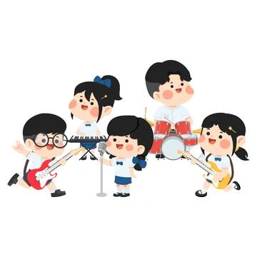 Students playing musical instruments together in band Stock Illustration