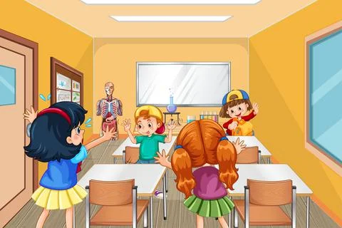 Students playing together during break time in the classroom イラスト素材