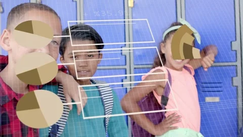 Students posing in front of blue lockers, GUI overlays appearing and collecting Stock Footage 333936629