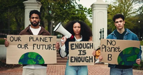 Students, poster and face for protest at campus with loudspeaker for climate Stock Footage 318724722