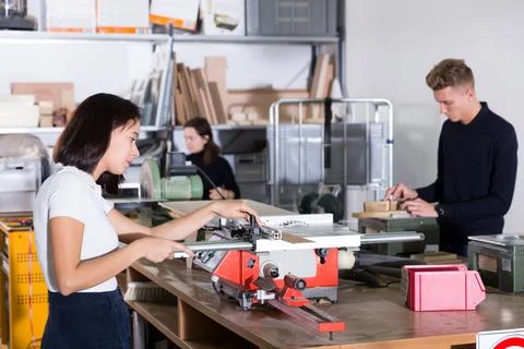 Students practicing in architecture model workshop 스톡 사진