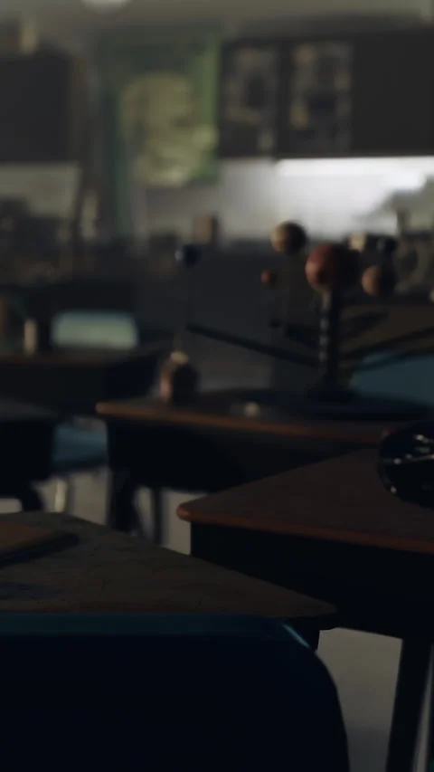 Students prepare for class in a quiet classroom with empty desks Stock Footage 340277751