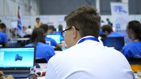 Students prepare a presentation and model 3d program for a 3d printer. The Stock Footage 81452777