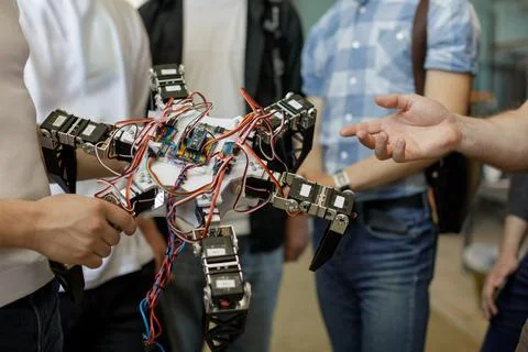 Students present hexapod robot prototype during STEM workshop Stock Photos