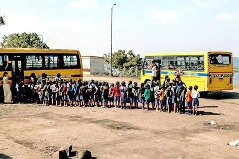Students queue, School bus, Hampi, Karnataka, India, Asia India Copyright:... Stock Photos