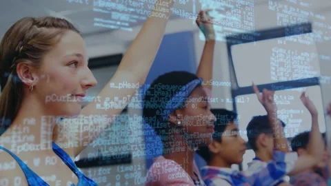 Students raising hands in class, code overlay fading after teacher prompt, Stock Footage 334743583