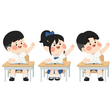 Students Raising Hands in Classroom Stock Illustration