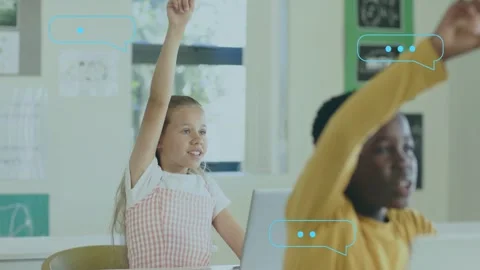 Students raising hands with edtech chat bubbles over laptops, answering, camera Stock Footage 334351511