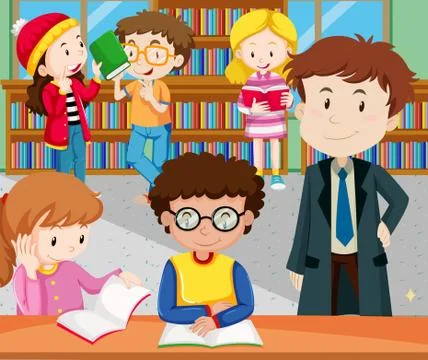 Students reading and studying in library Stock Illustration