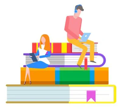Students Reading Through Tablet, Online Library Stock Illustration