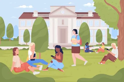 Students resting in university park flat color vector illustration Ilustração Stock