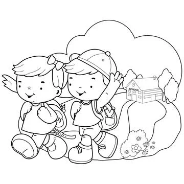 Students return from school. Vector black and white coloring page Stock Illustration
