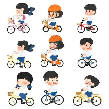 Students riding bicycles set cartoon style Stock Illustration