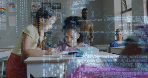 Students scanning books at desks generating holo code overlay for class while Stock Footage 332285069