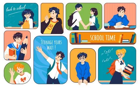 Students in school. People study and read book. Persons in class. Window collage Illustrazione stock