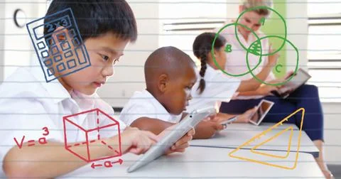 Students in school using tablets for learning, focusing on educational Stock Illustration