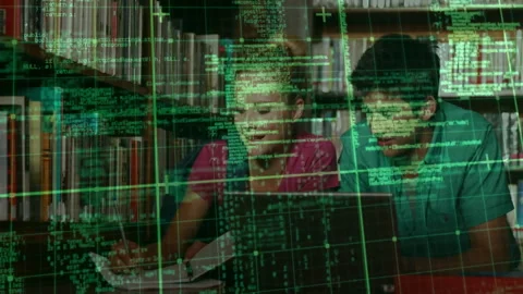 Students scrolling code on laptop at library and discussing lines while marking Stock Footage 310662891