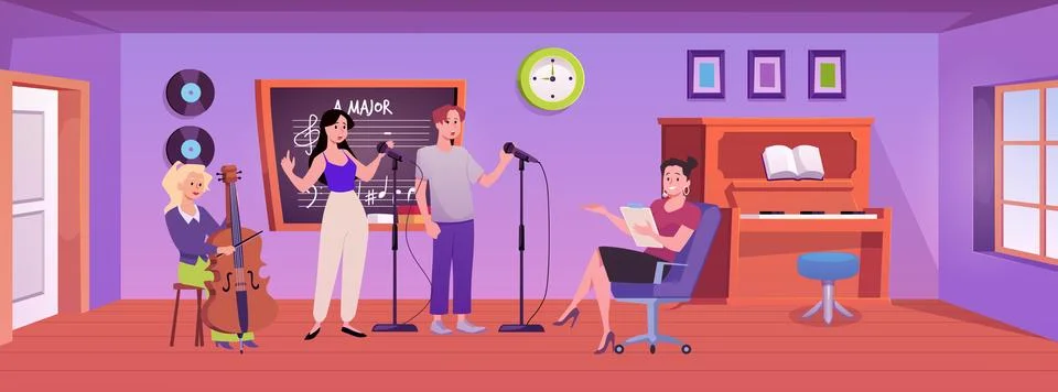 Students singing into microphone, playing on cello and teacher in music Stock Illustration