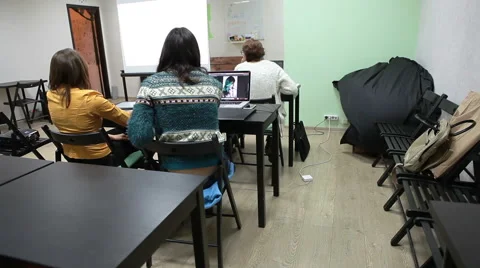 Students sit at desks, rear view. Tablet and pen painting lesson Stock Footage 47813663