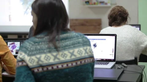 Students sit at desks, rear view. Tablet painting lesson Stock Footage 47813700