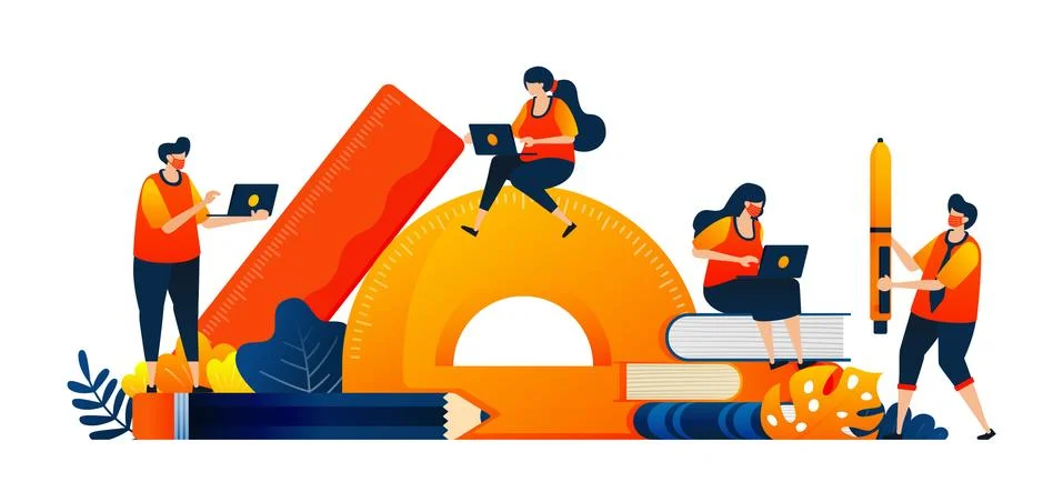 Students sit at stationery while studying. Learning equipment in class. Vecto Stock Illustration