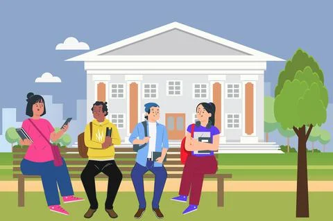 STUDENTS SITTING ON THE BENCH Stock Illustration
