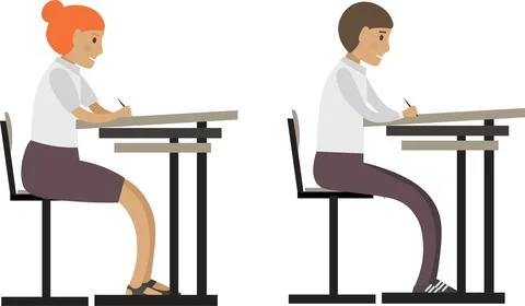 Students sitting at desk on lesson vector icon isolated on white Stock Illustration